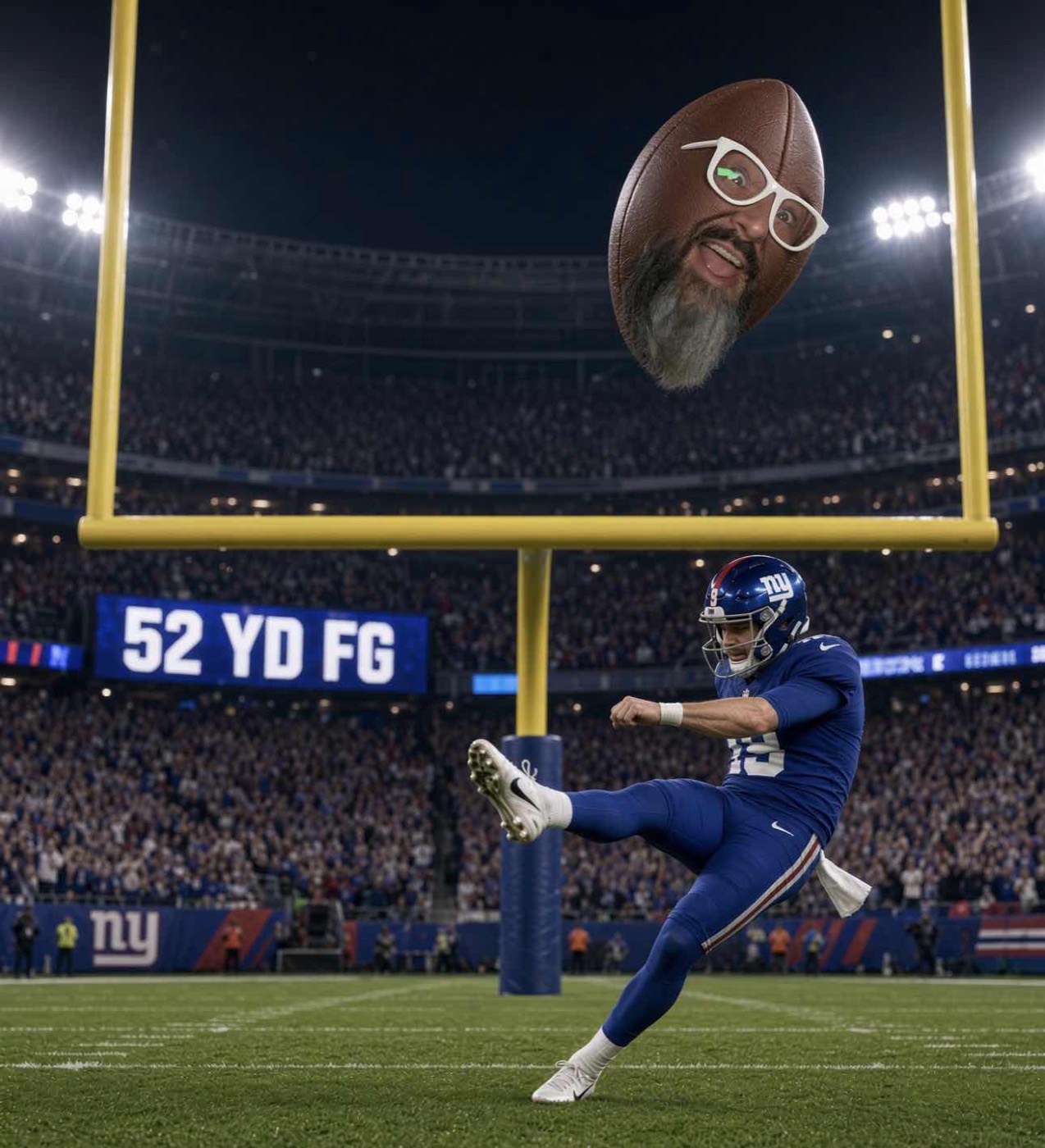 A kicker lines up a 52-yard field goal at a football with a face
