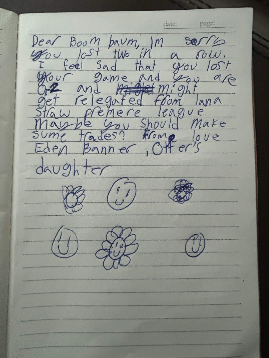 Handwritten letter to Boom Baum, posted by Otter