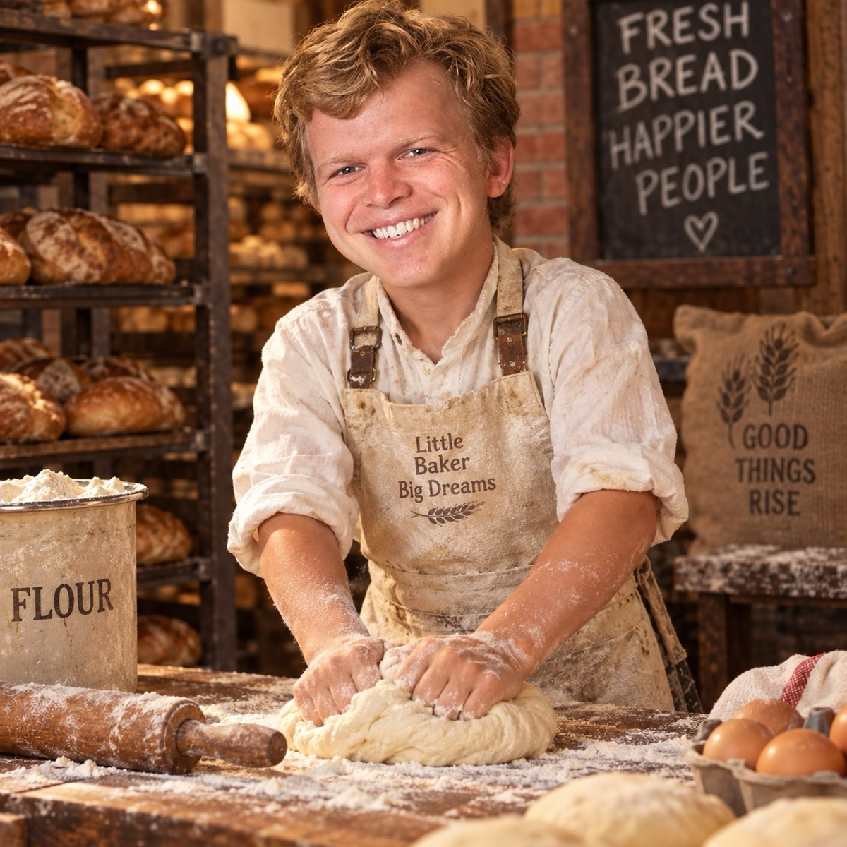 AI art of a little baker kneading dough