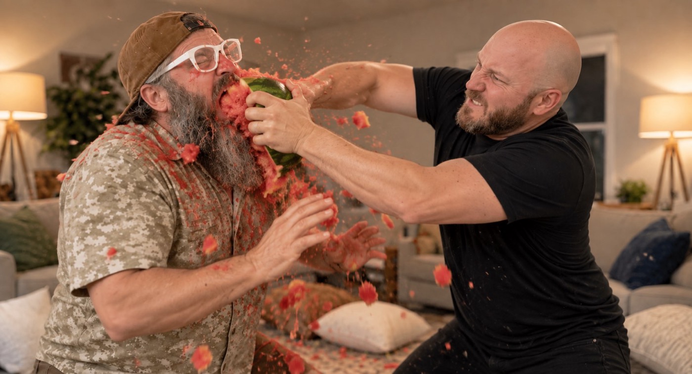 AI art of one man shoving a watermelon into another man's face